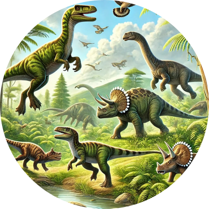 Dinoherde mit Vulkan im Dschungel – farbenfrohe Szene