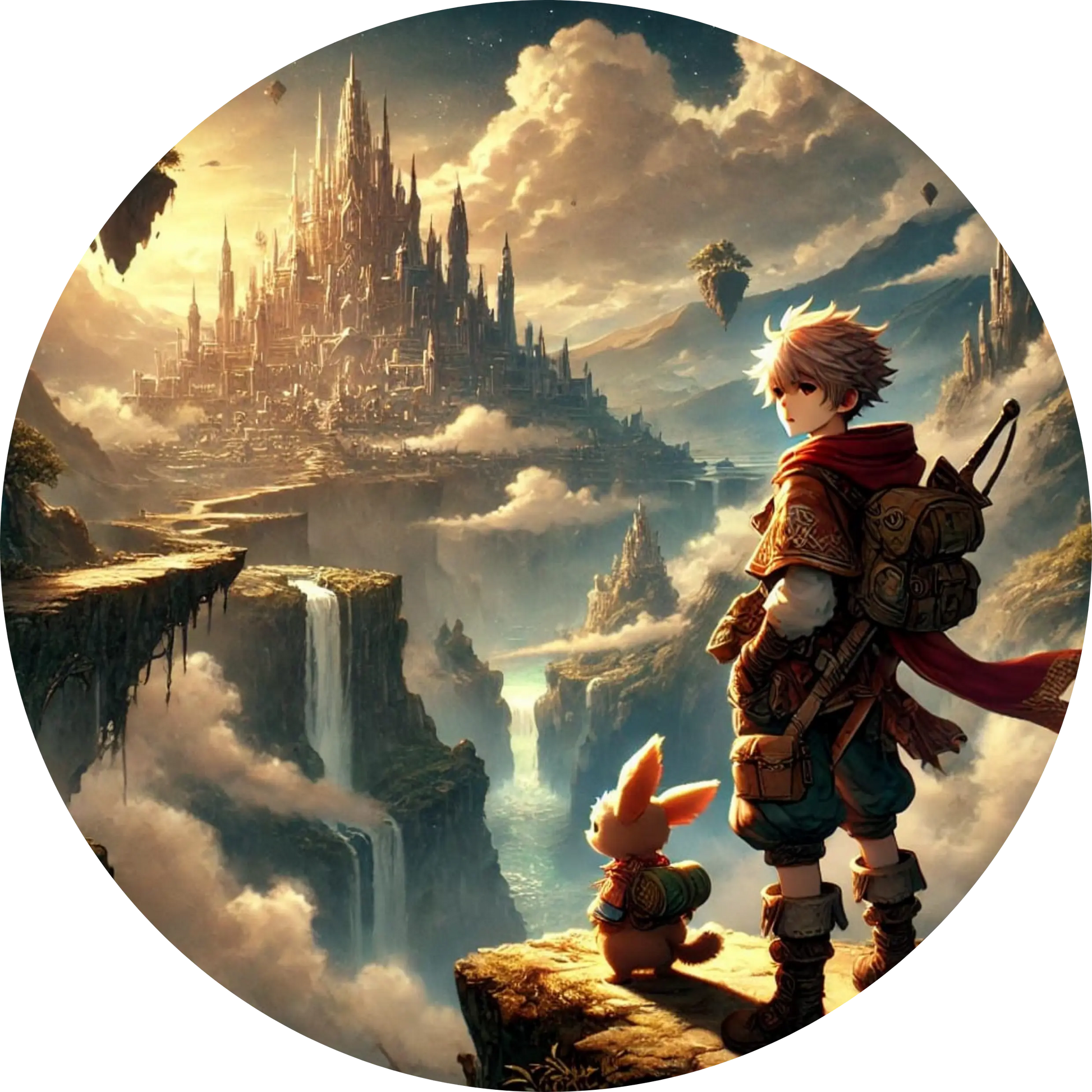 Abenteurer-Junge steht vor Fantasy-Landschaft mit Klippen und Schloss