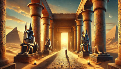 Monumentaler Eingang eines ägyptischen Tempels, flankiert von imposanten Anubis-Statuen, beleuchtet vom goldenen Licht der aufgehenden Sonne.