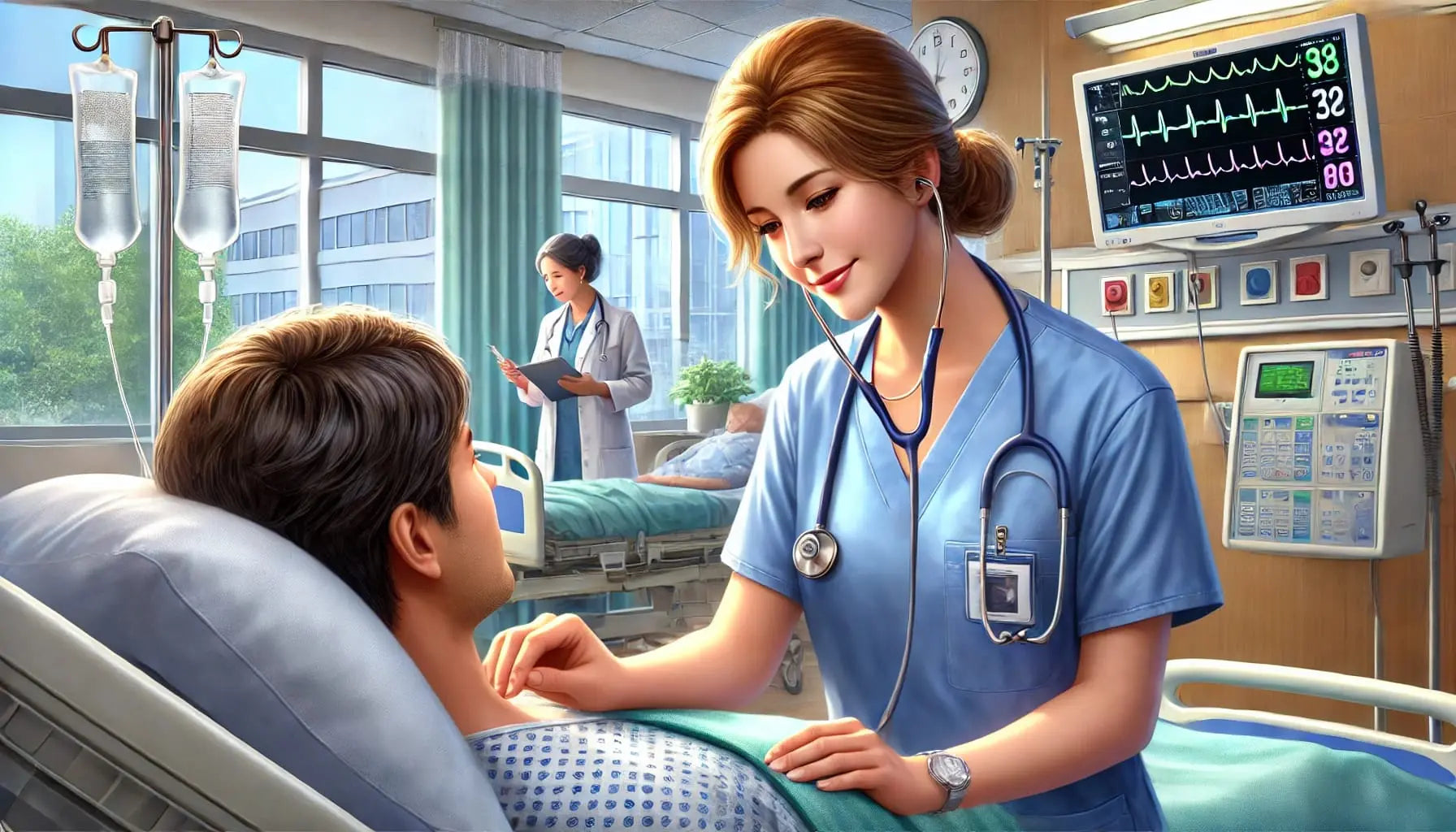 Pflegekraft oder Ärztin am Krankenbett eines Patienten mit Stethoskop und freundlichem Blick – medizinischer Berufsalltag in einem Krankenhaus.