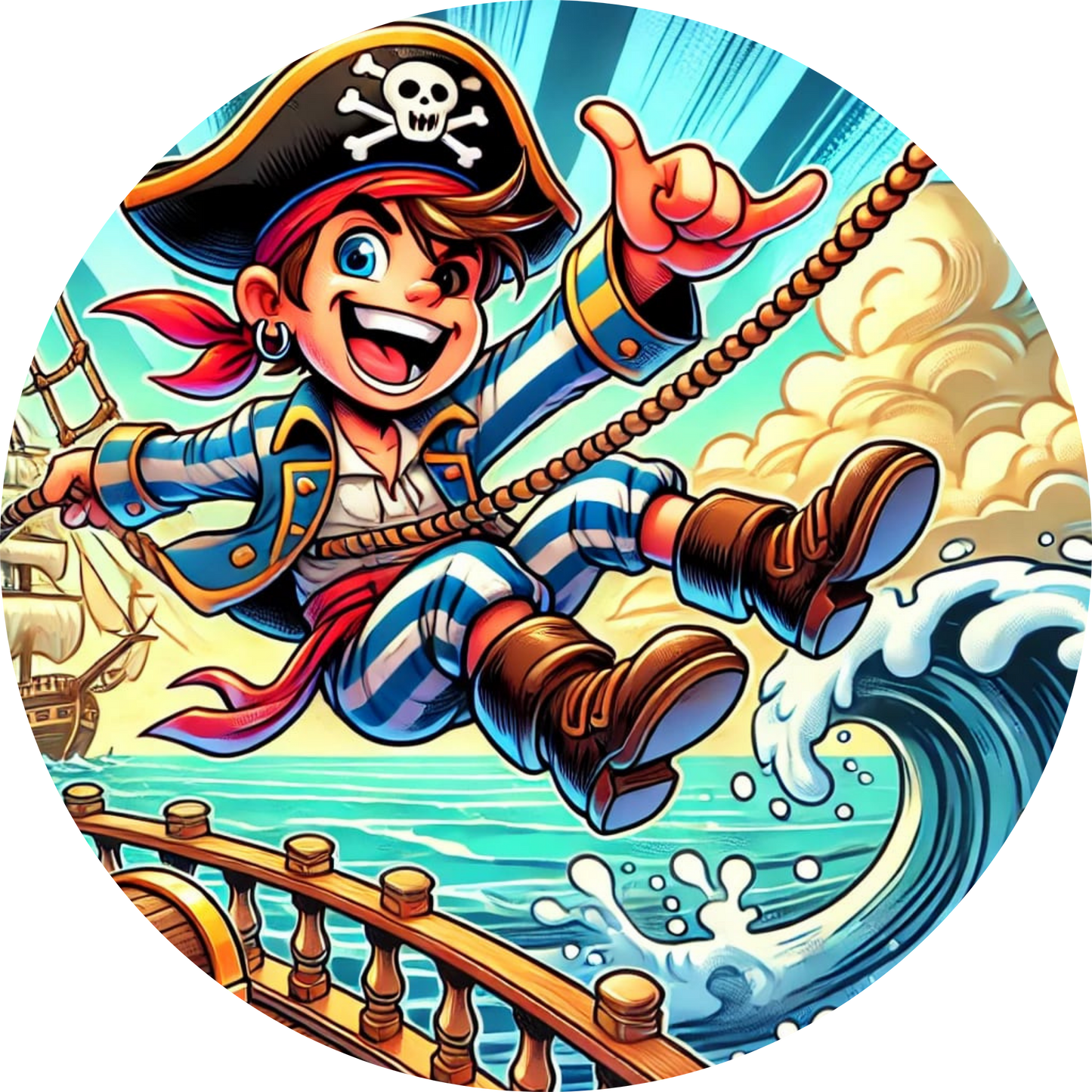 
Fröhlicher Comic Pirat schwingt lachend am Seil am Deck eines Schiffes.
