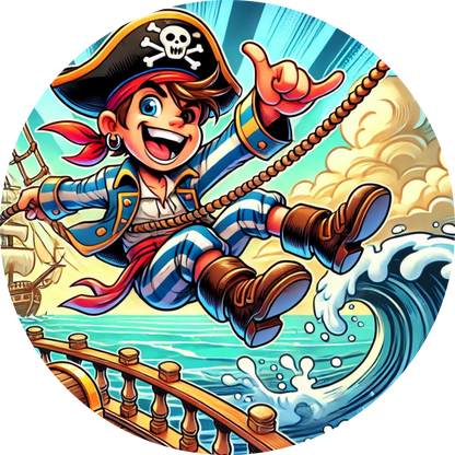 
Fröhlicher Comic Pirat schwingt lachend am Seil am Deck eines Schiffes.
