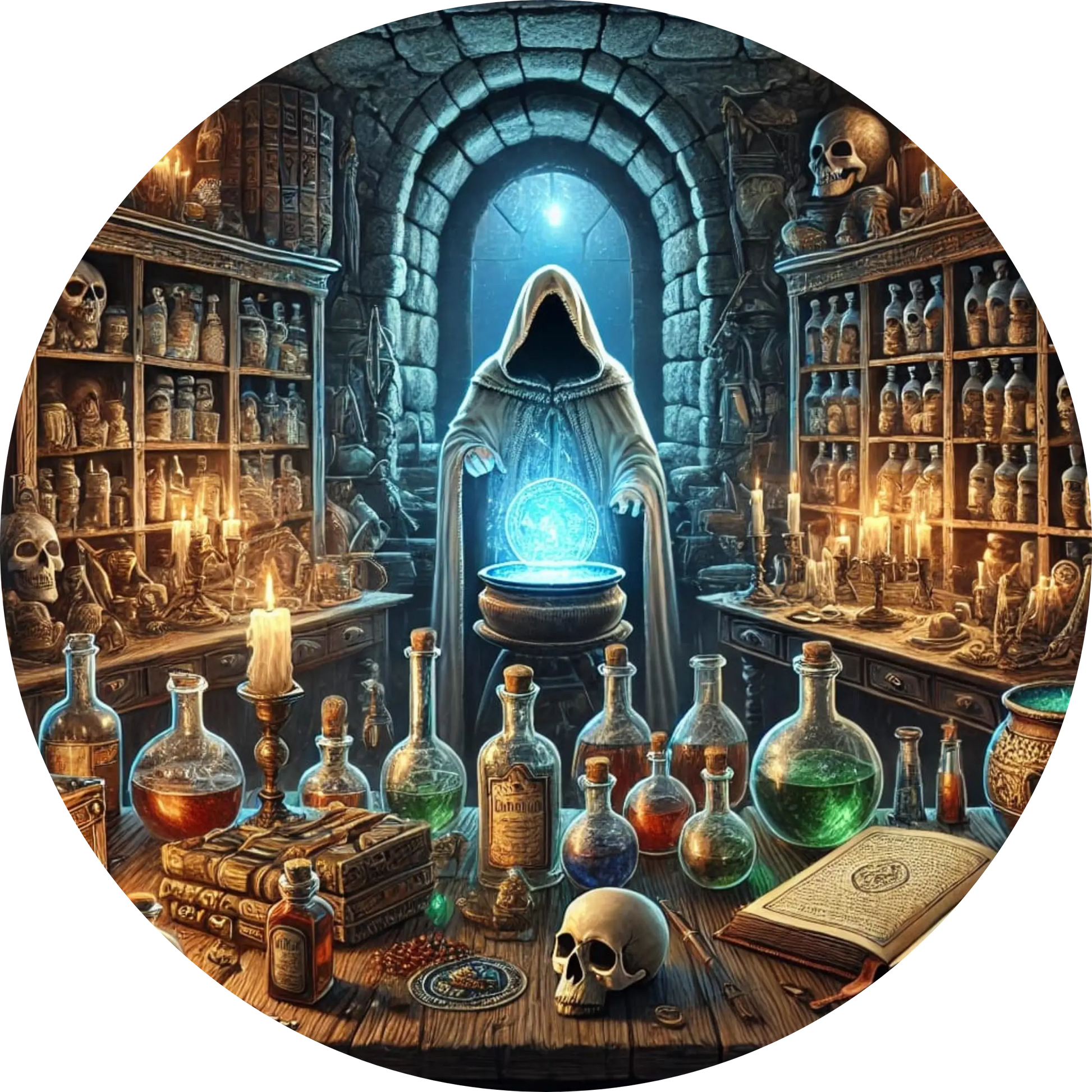 Magisches Alchemielabor mit leuchtenden Flaschen, Schädeln & Zauberbüchern