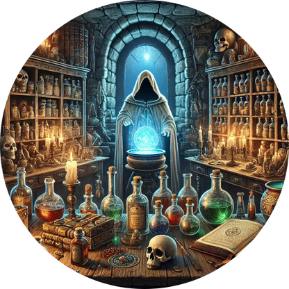 Magisches Alchemielabor mit leuchtenden Flaschen, Schädeln & Zauberbüchern