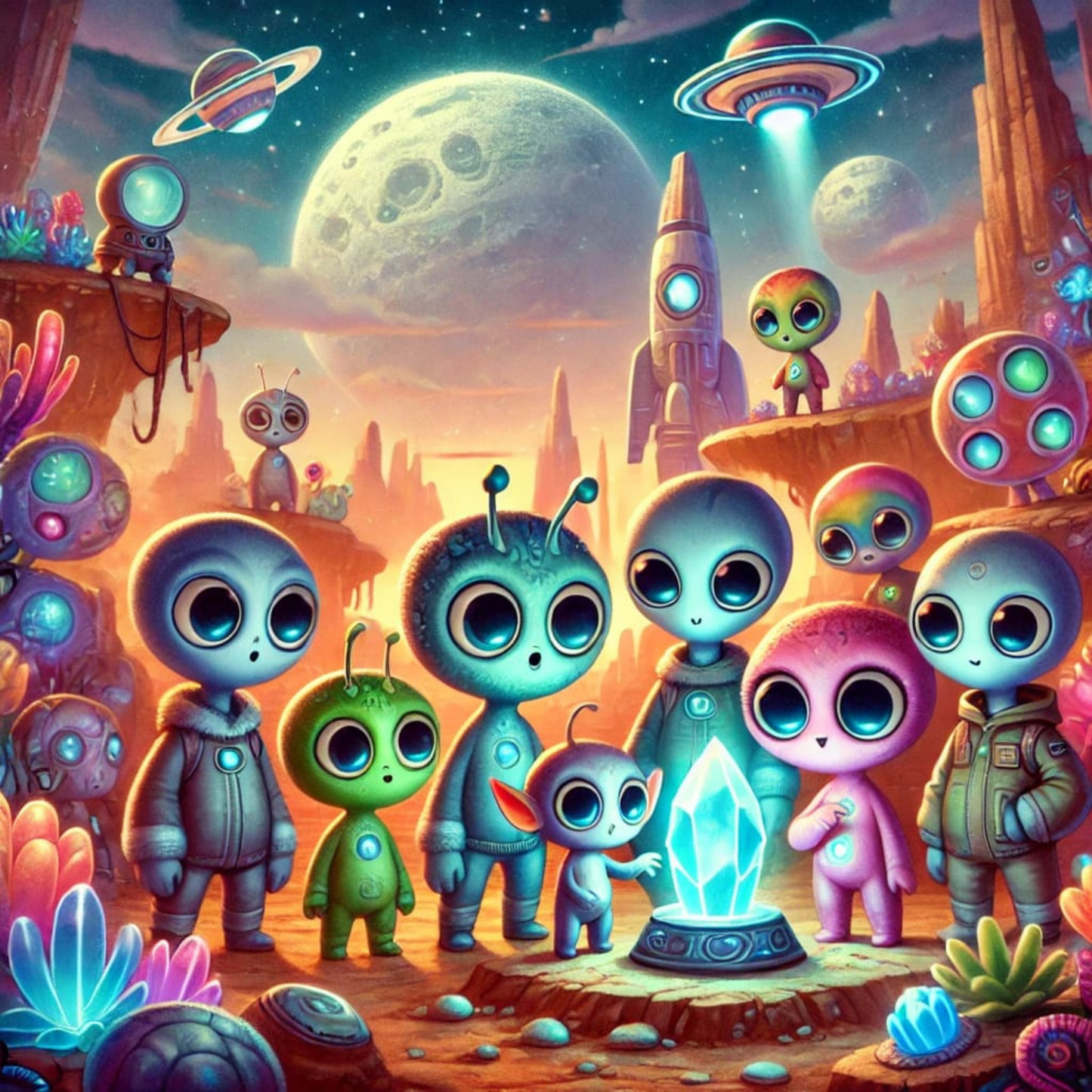 Bunte Alien-Gruppe auf einem fremden Planeten