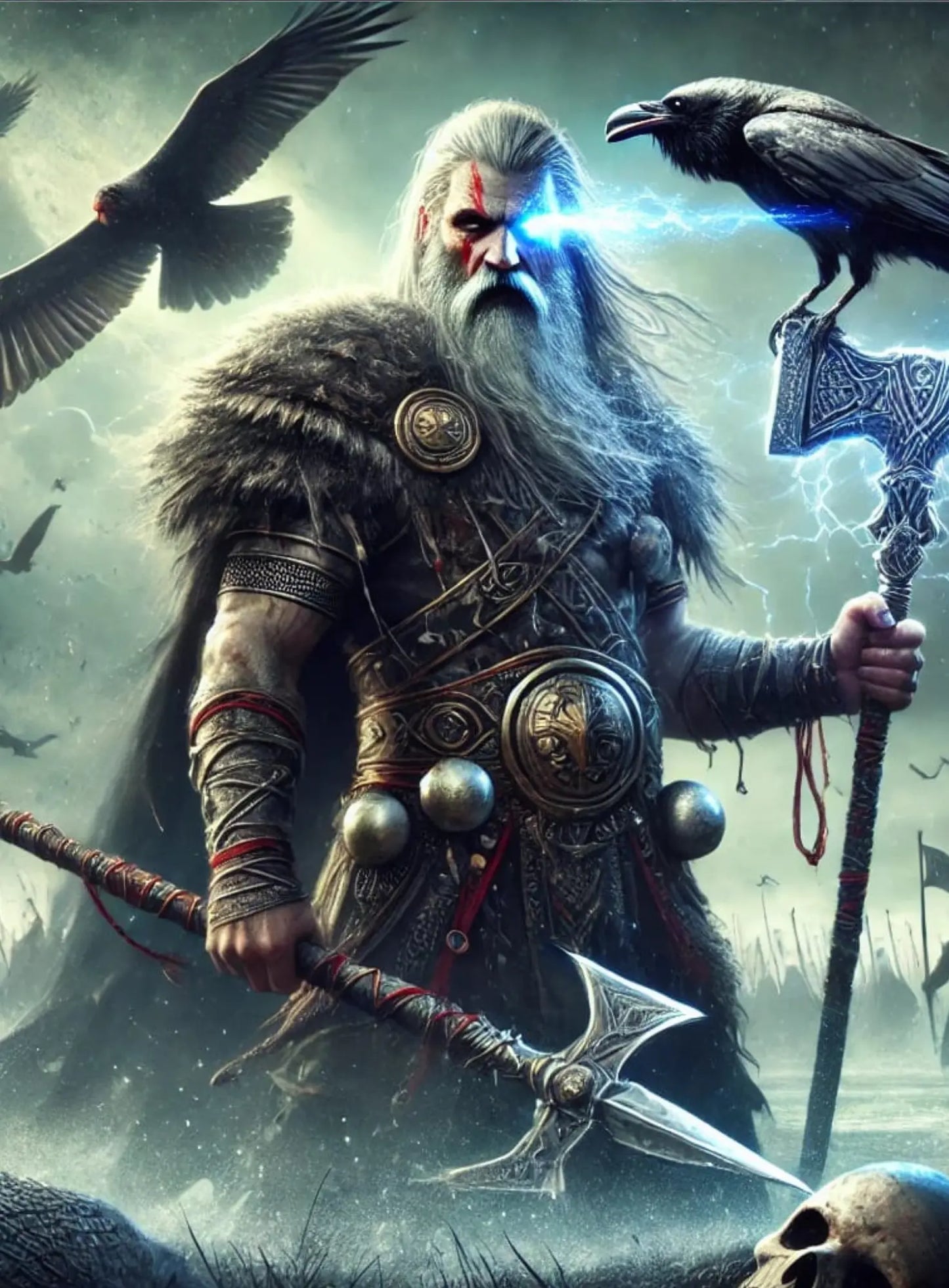 Weiser alter Krieger mit langen weißen Haaren und zwei Raben – Darstellung von Odin, dem Allvater, Symbol für Weisheit, Magie und Krieg.