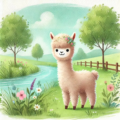 Alpaka auf Wiese mit Blumen neben einem  Fluß im weichen Aquarell Stil