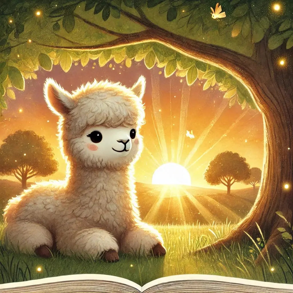 Alpaka im Sonnenlicht mit Wiese und Bäumen im Hintergrund