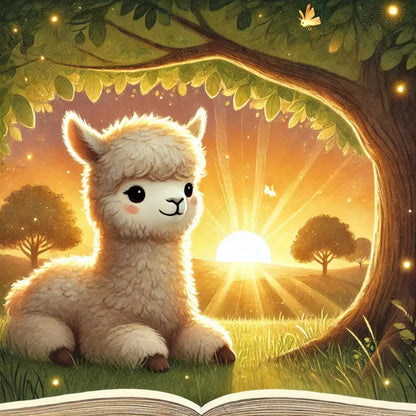 Alpaka im Sonnenlicht mit Wiese und Bäumen im Hintergrund