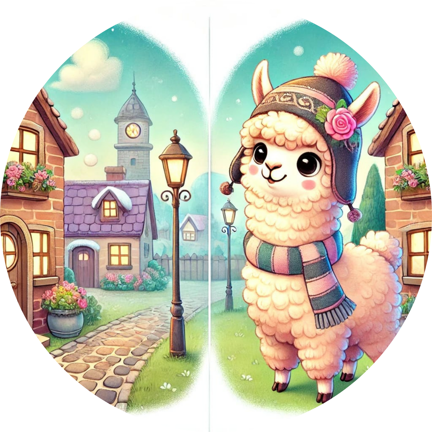 Alpaka mit Mütze vor Häuschen im Winterdorf
