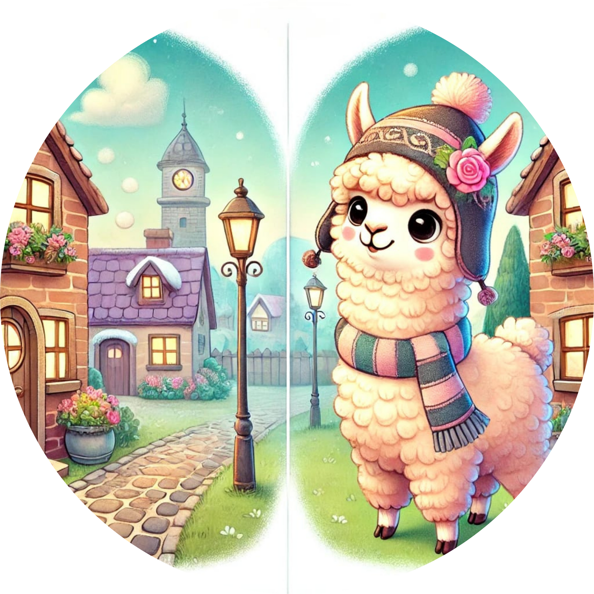 Alpaka mit Mütze vor Häuschen im Winterdorf
