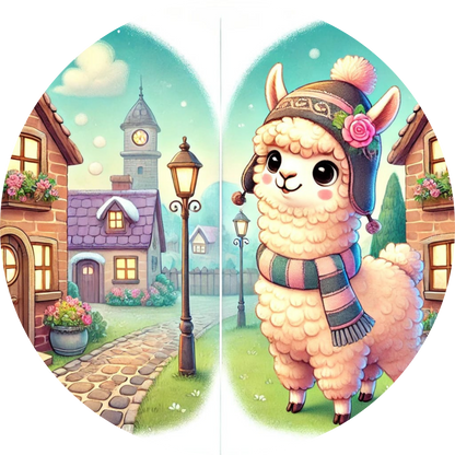 Alpaka mit Mütze vor Häuschen im Winterdorf
