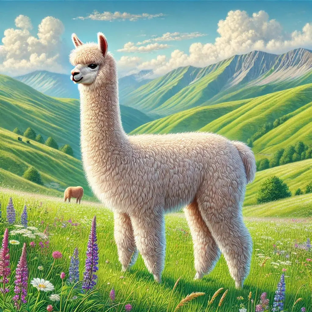 Alpaka vor weitem Himmel auf grüner Wiese mit Pastelltönen