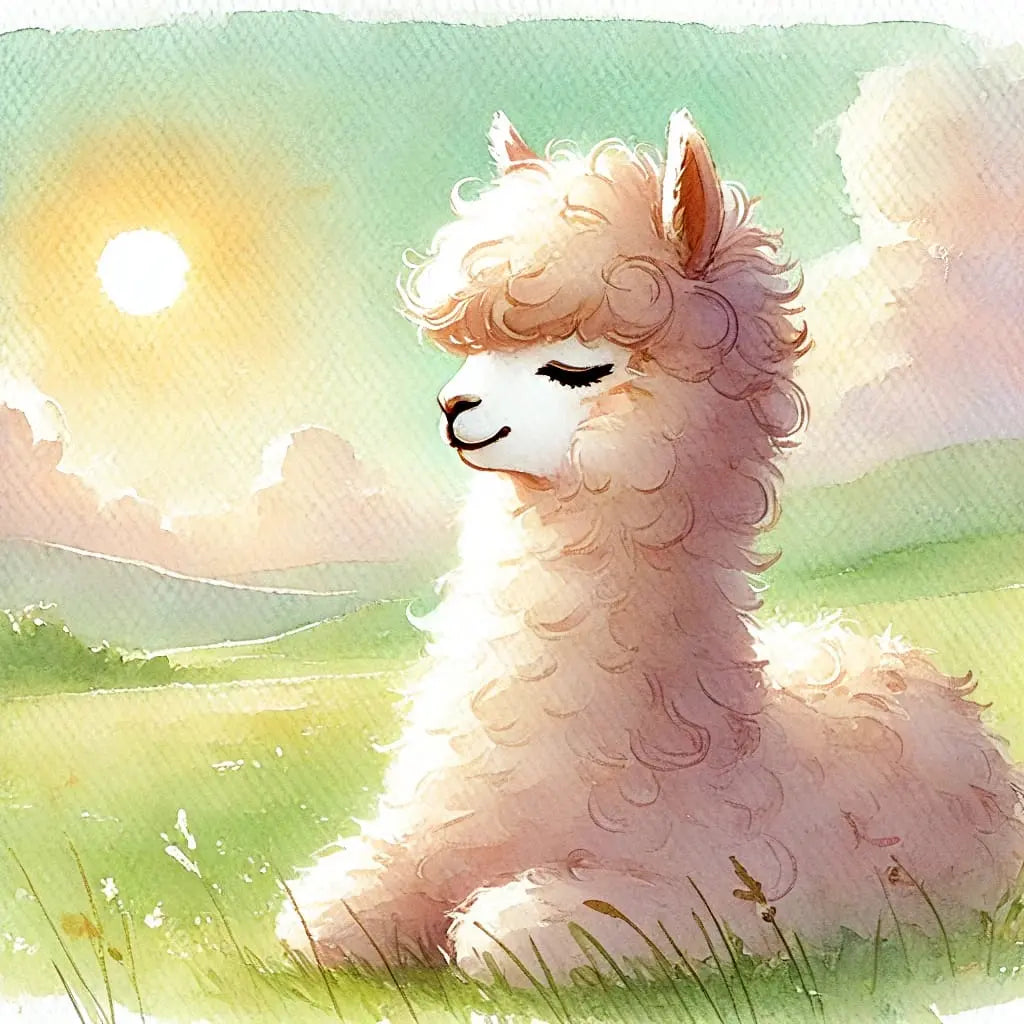 Eine Wasserfarbenzeichnung eines verträumten Alpakas auf einer Wiese