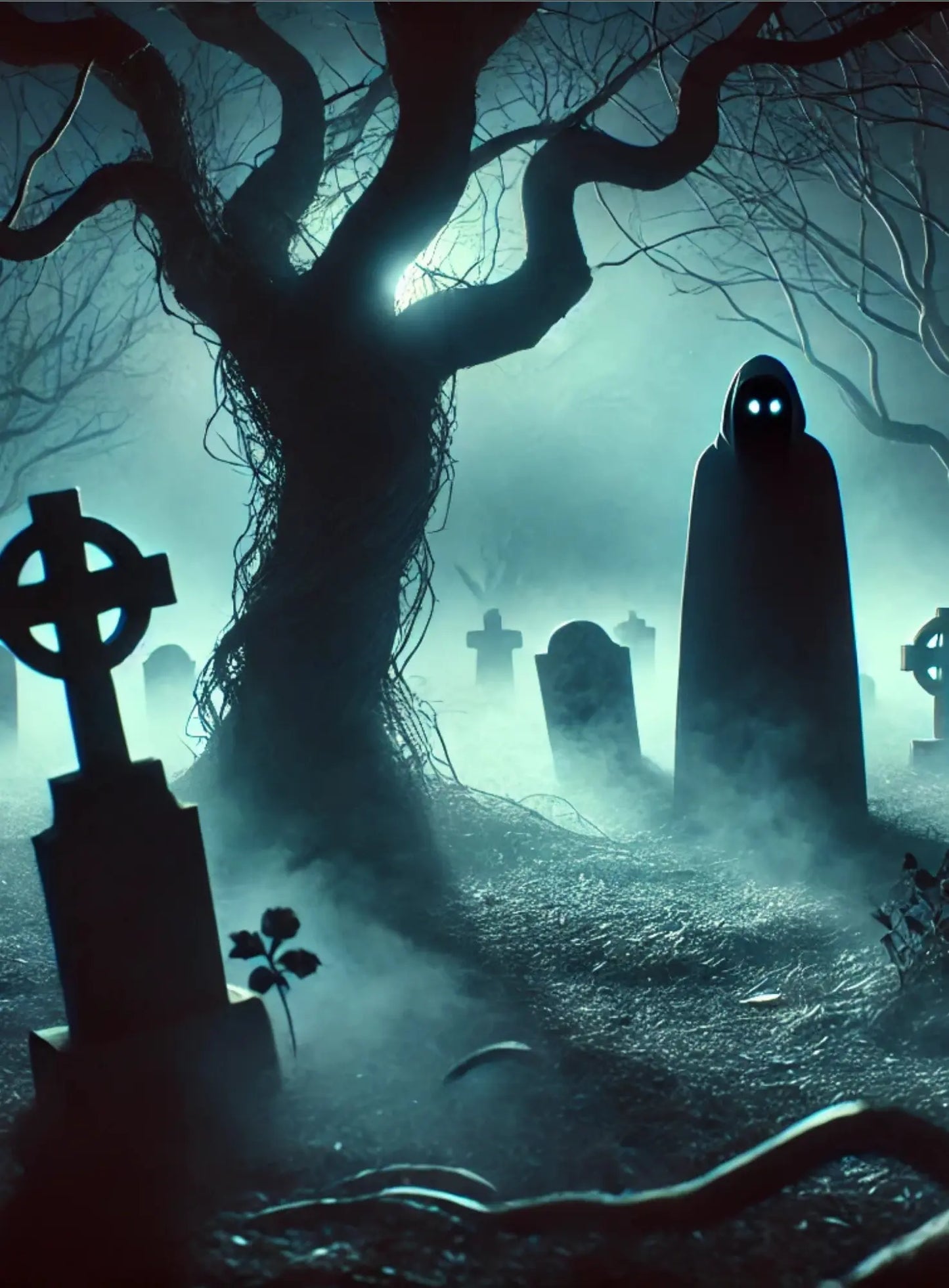 Gruselige Geistererscheinungen auf einem verwitterten Friedhof mit alten Grabsteinen und kahlem Baum – klassische Horrorszene.“