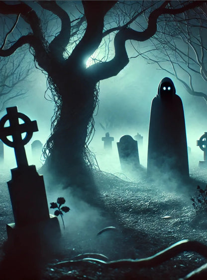 Gruselige Geistererscheinungen auf einem verwitterten Friedhof mit alten Grabsteinen und kahlem Baum – klassische Horrorszene.“