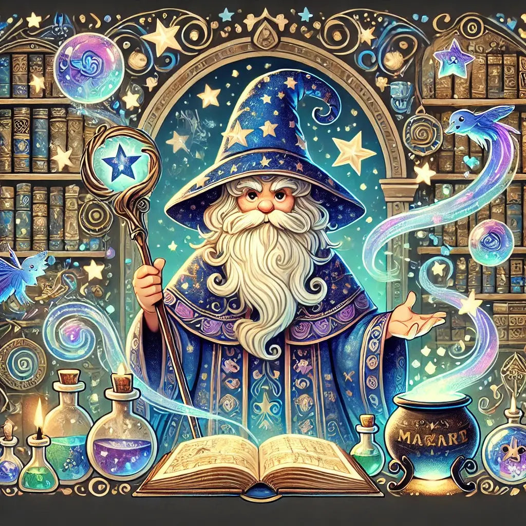 Alter Magier mit langen Bart in Sternenrobe vor Alchemie-Regalen