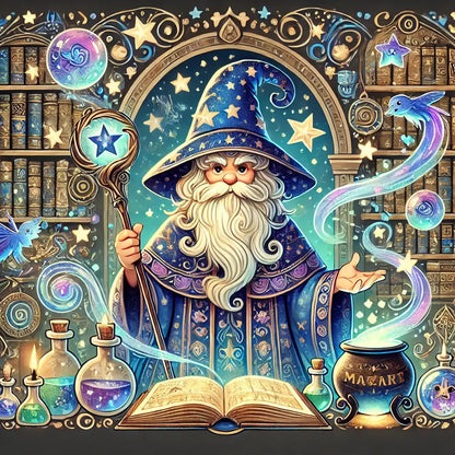 Alter Magier mit langen Bart in Sternenrobe vor Alchemie-Regalen