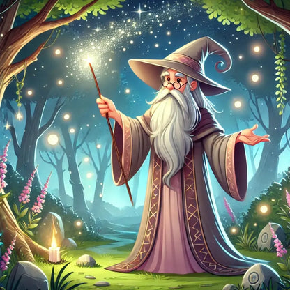 Alter Zauberer mit Stab im verwunschenen Wald