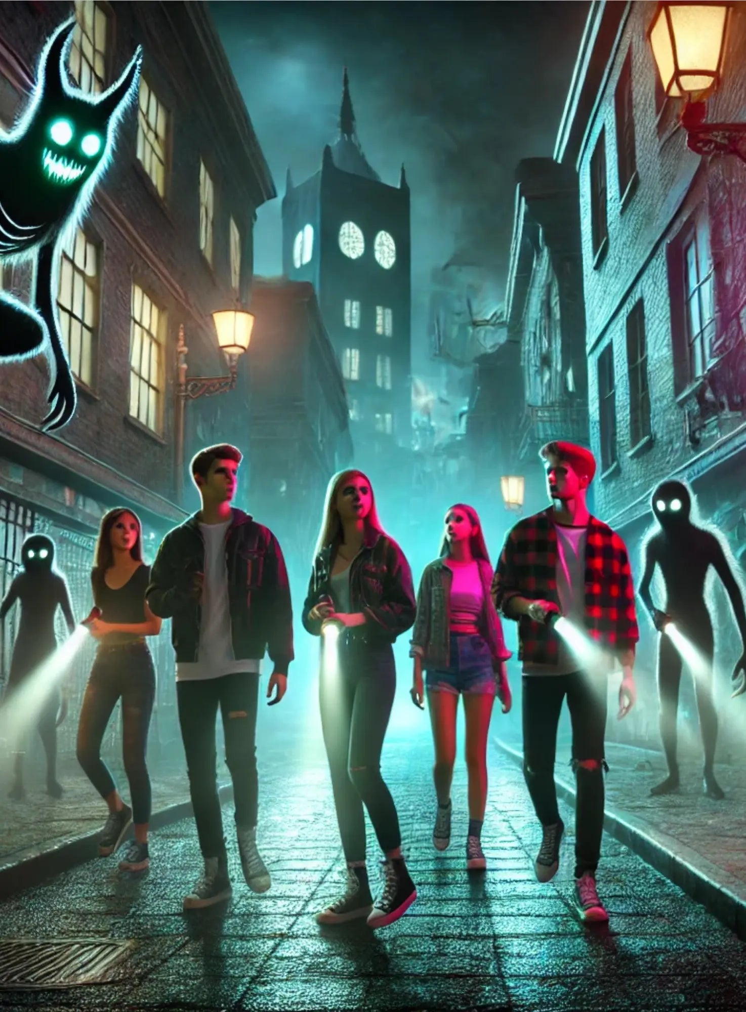 Jugendliche vor einem alten Haus mit unheimlich leuchtenden Augen im Fenster – klassische Gruselhaus-Szene.