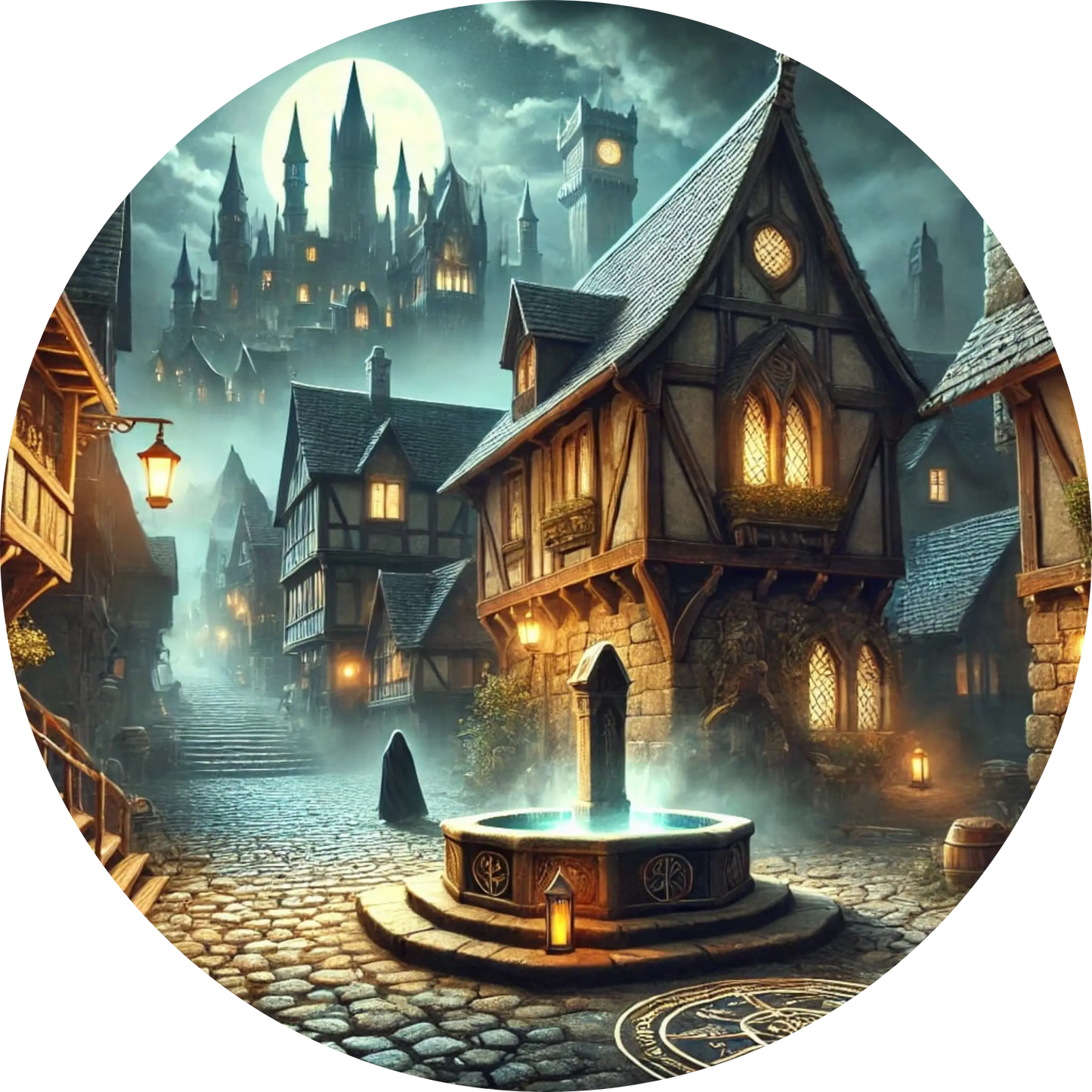 Fantasievolle Altstadt mit magisch leuchtenden Häusern