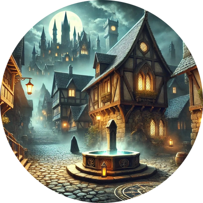 Fantasievolle Altstadt mit magisch leuchtenden Häusern