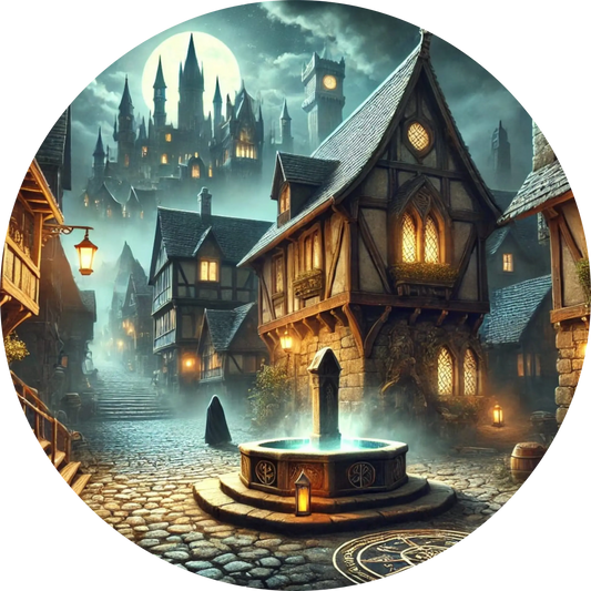 Fantasievolle Altstadt mit magisch leuchtenden Häusern