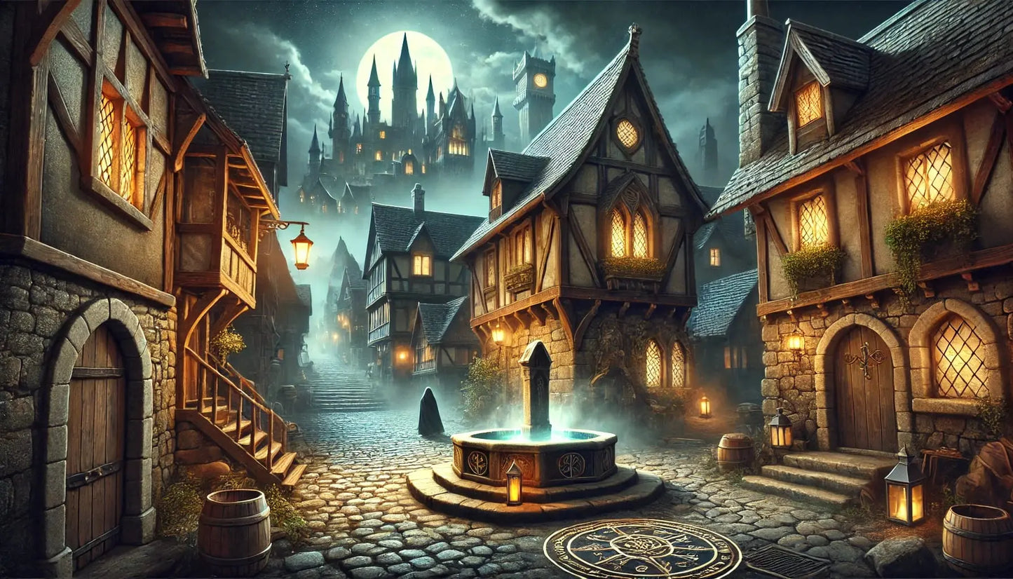 Mittelalterliche Gasse bei Nacht mit Fachwerkhäusern – Verträumte Altstadt-Szene mit warmem Licht und Kopfsteinpflaster.