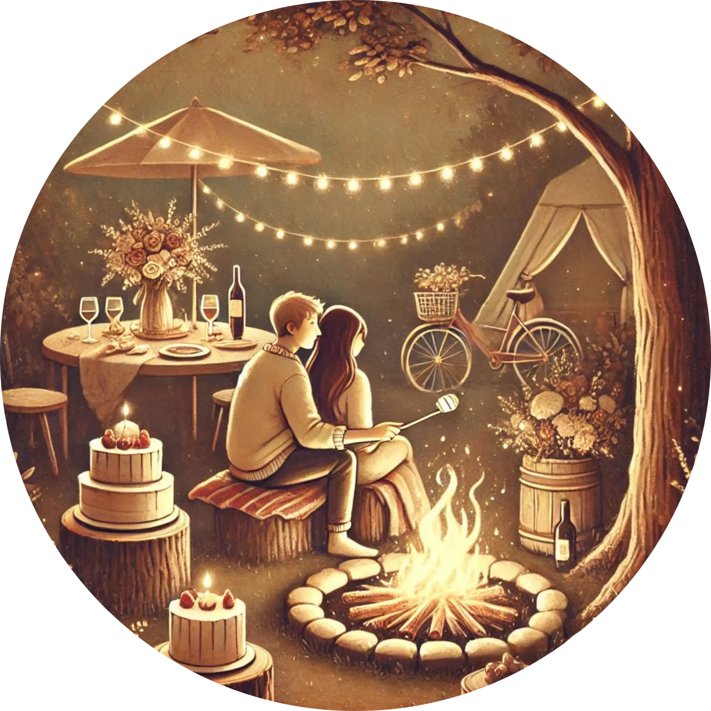 Paar bei einem Candle-Light-Dinner unter einer Lichterkette – verträumte Abendatmosphäre am Lagerfeuer.