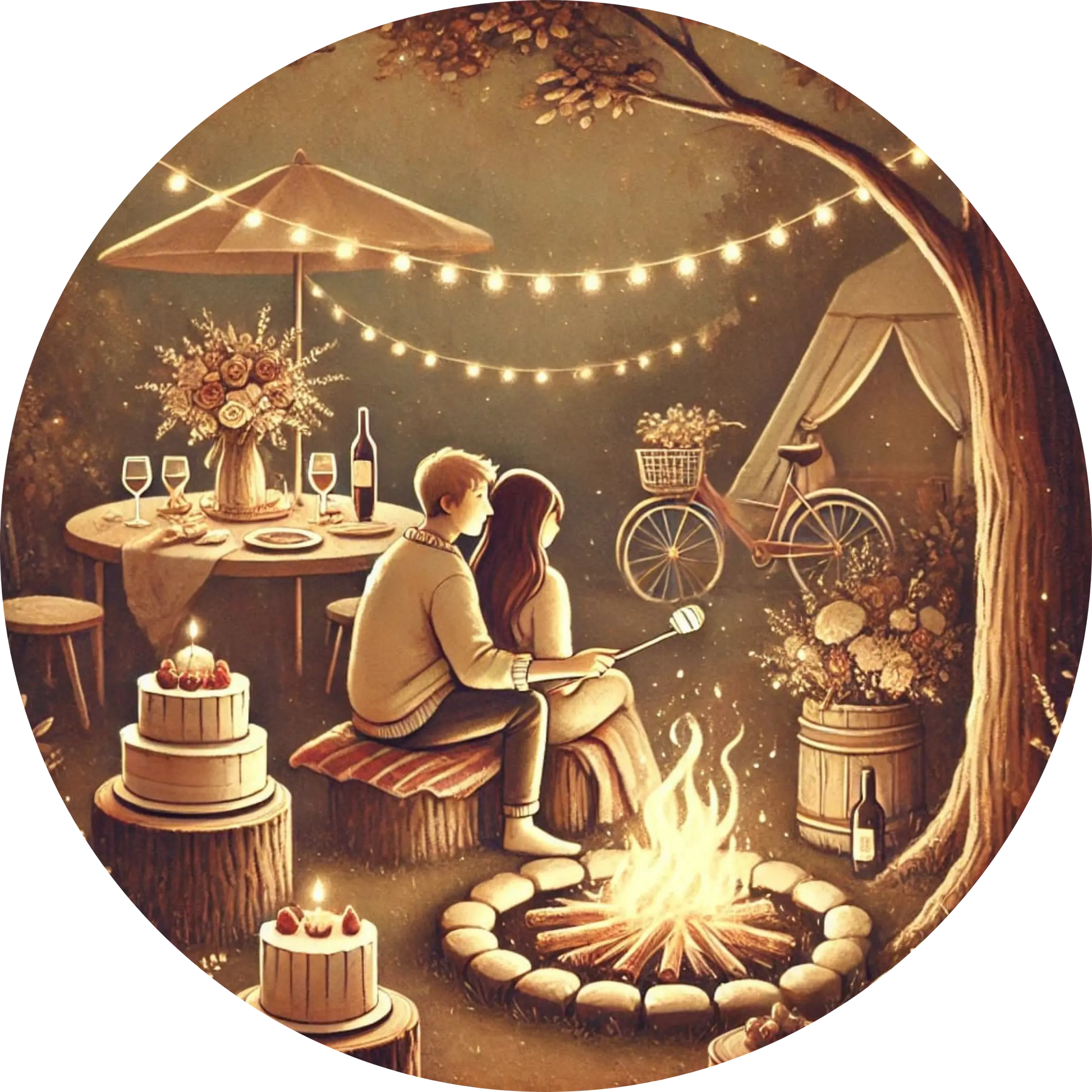 Paar bei einem Candle-Light-Dinner unter einer Lichterkette – verträumte Abendatmosphäre am Lagerfeuer.