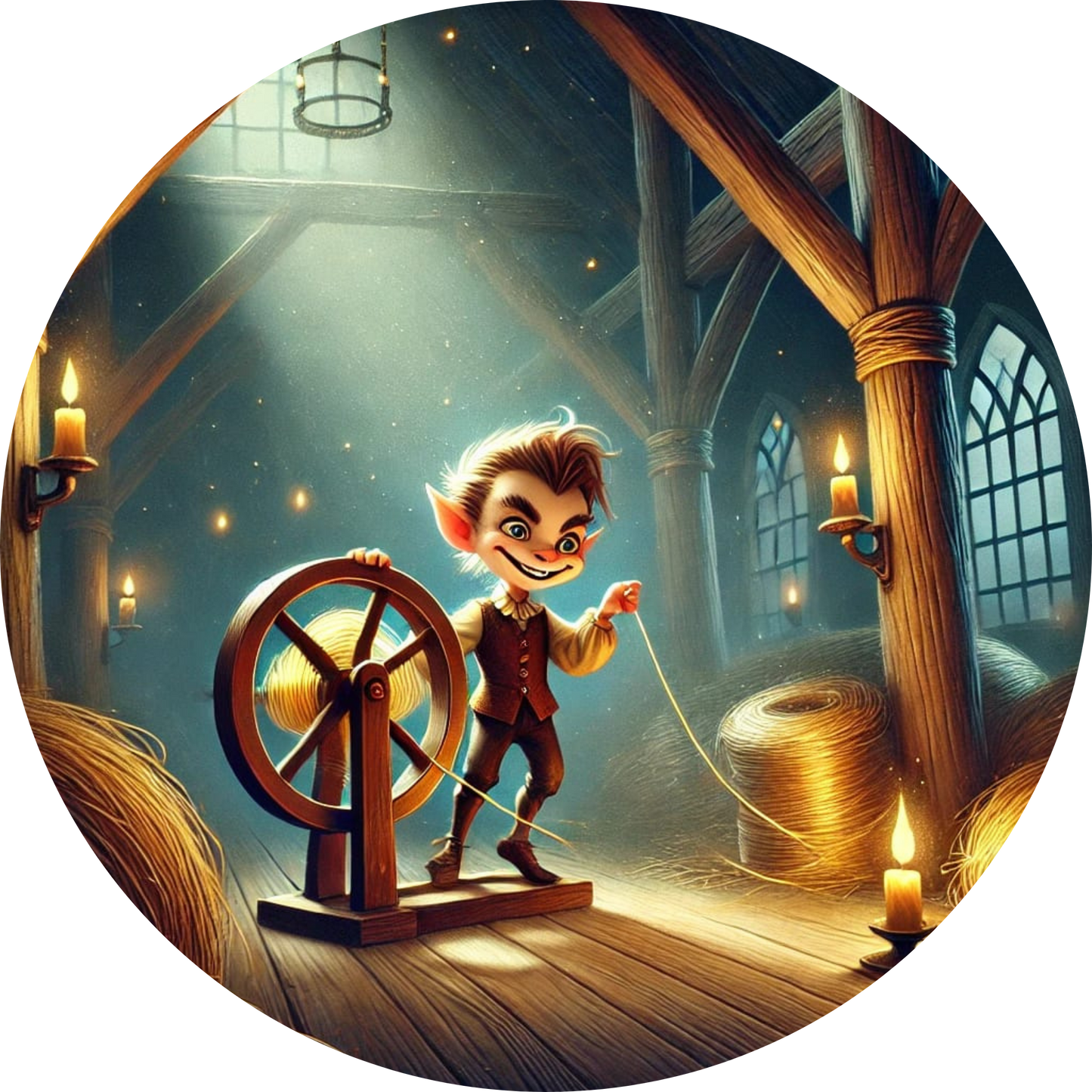 Rumpelstilzchen am Spinnrad auf einem dunklen Dachboden und goldenem Garn