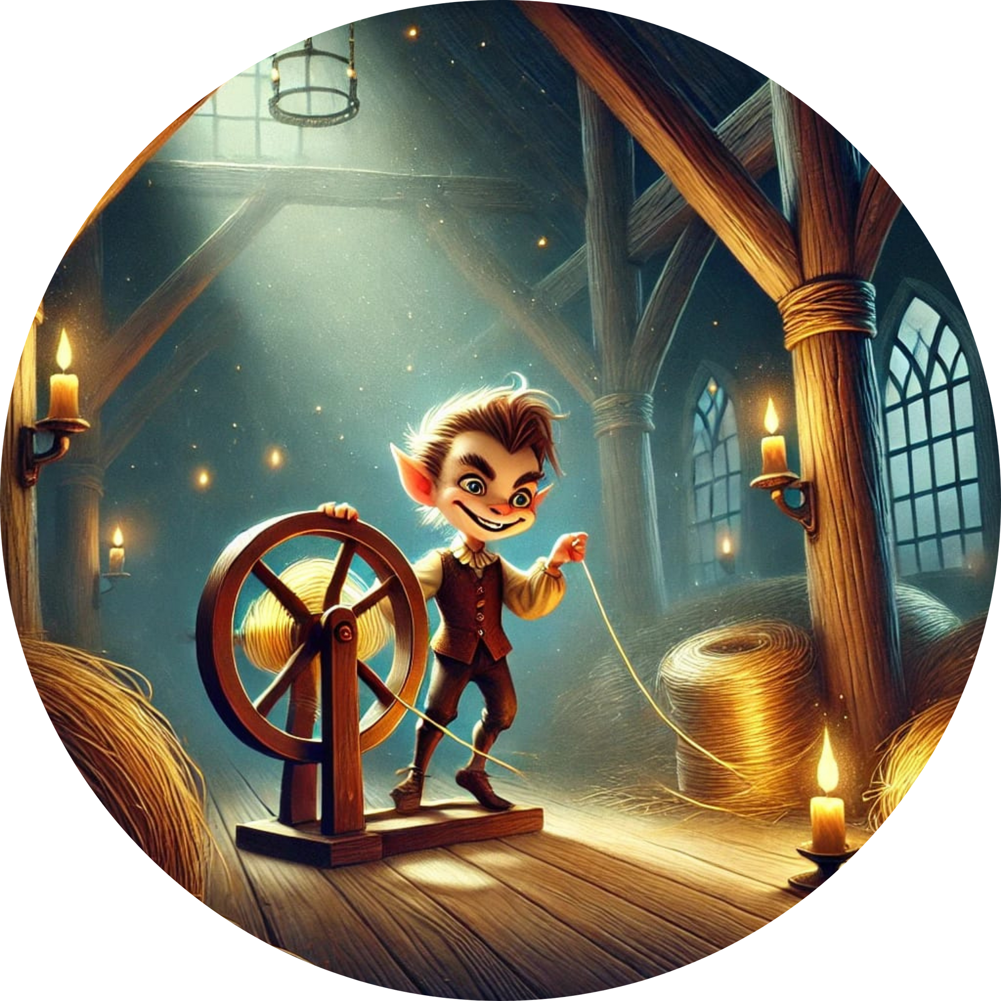 Rumpelstilzchen am Spinnrad auf einem dunklen Dachboden und goldenem Garn