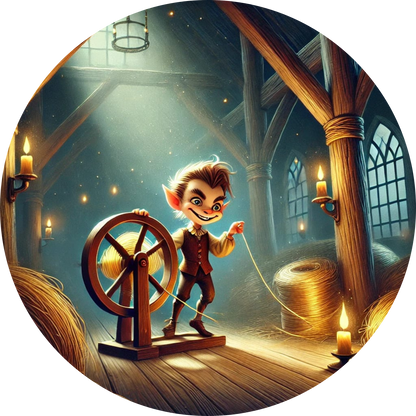 Rumpelstilzchen am Spinnrad auf einem dunklen Dachboden und goldenem Garn