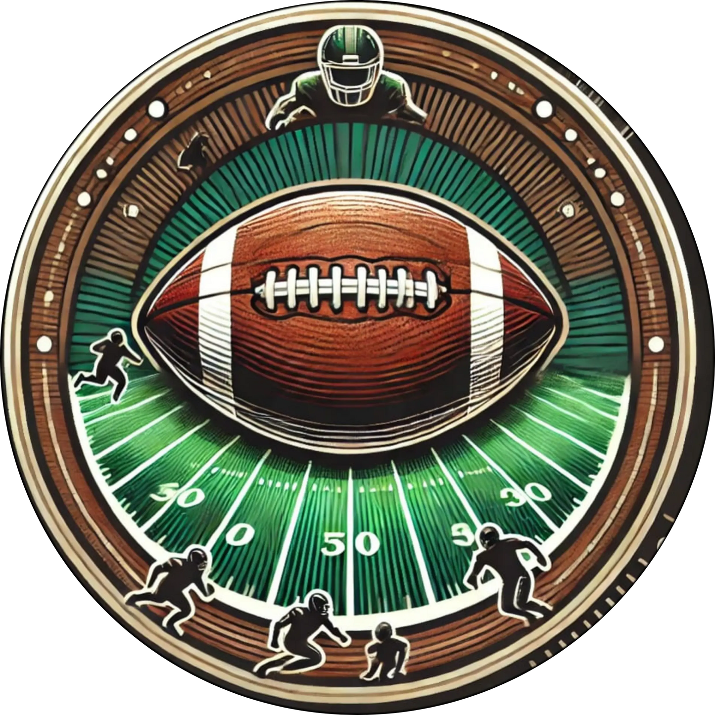 American Football-Helm und Ball auf einem Spielfeld, umgeben von Lichteffekten – energiereiche Darstellung.