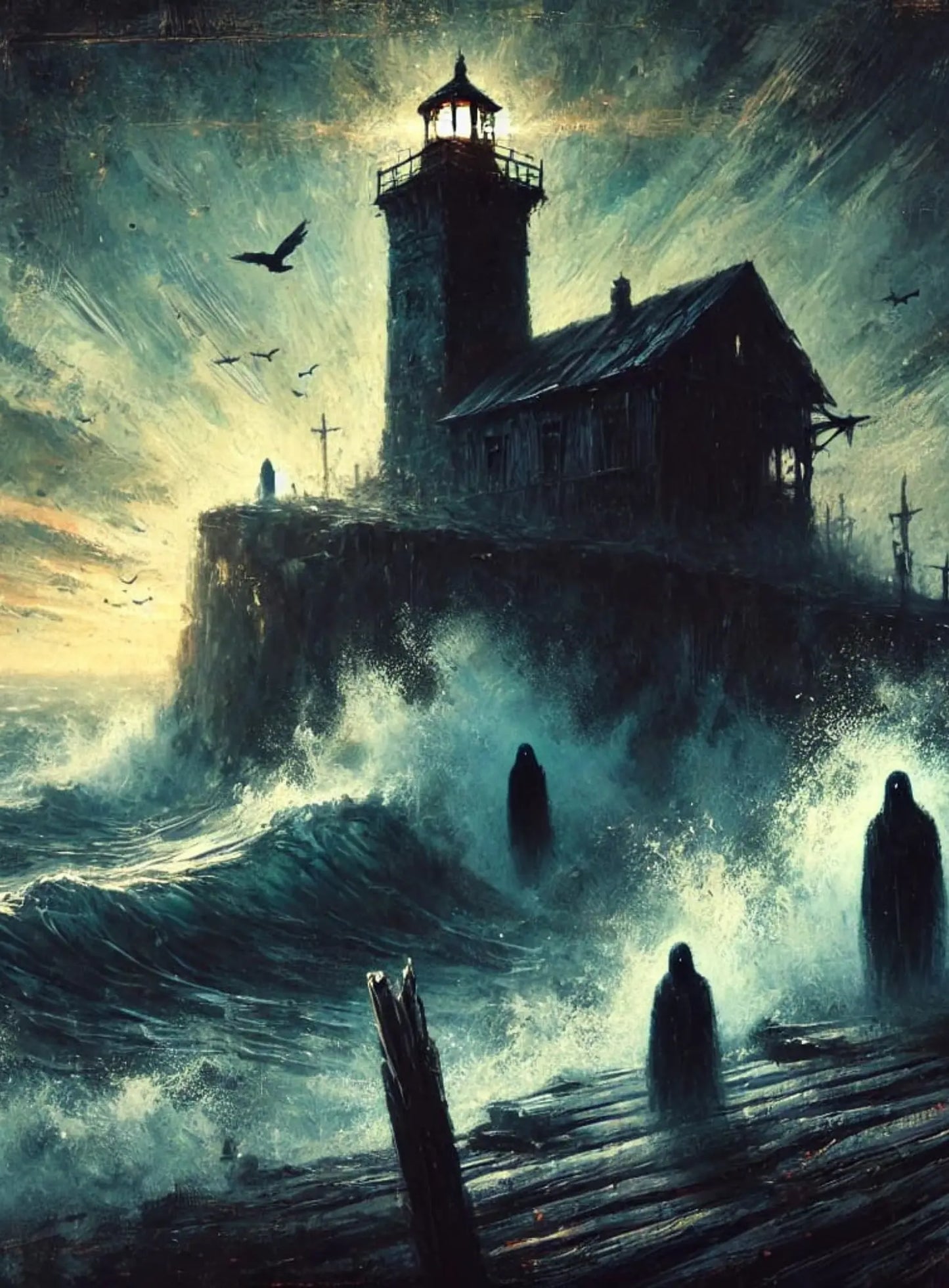 Altes Spukhaus auf einer Klippe bei stürmischem Wetter – grelle Blitze erhellen den Himmel, während die düstere Szenerie von Geisterlichtern und Schatten durchzogen ist. Gruselige Horrorstimmung mit Gothic-Flair.