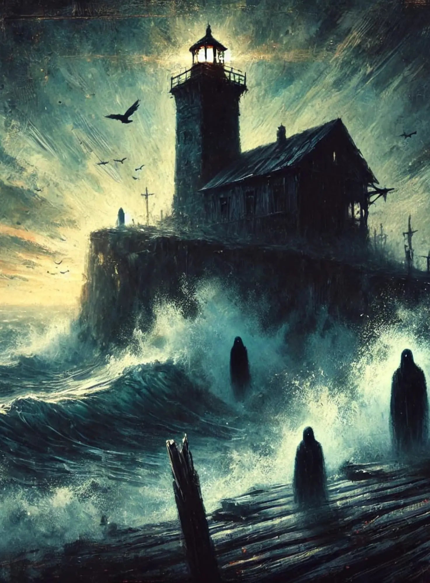 Altes Spukhaus auf einer Klippe bei stürmischem Wetter – grelle Blitze erhellen den Himmel, während die düstere Szenerie von Geisterlichtern und Schatten durchzogen ist. Gruselige Horrorstimmung mit Gothic-Flair.