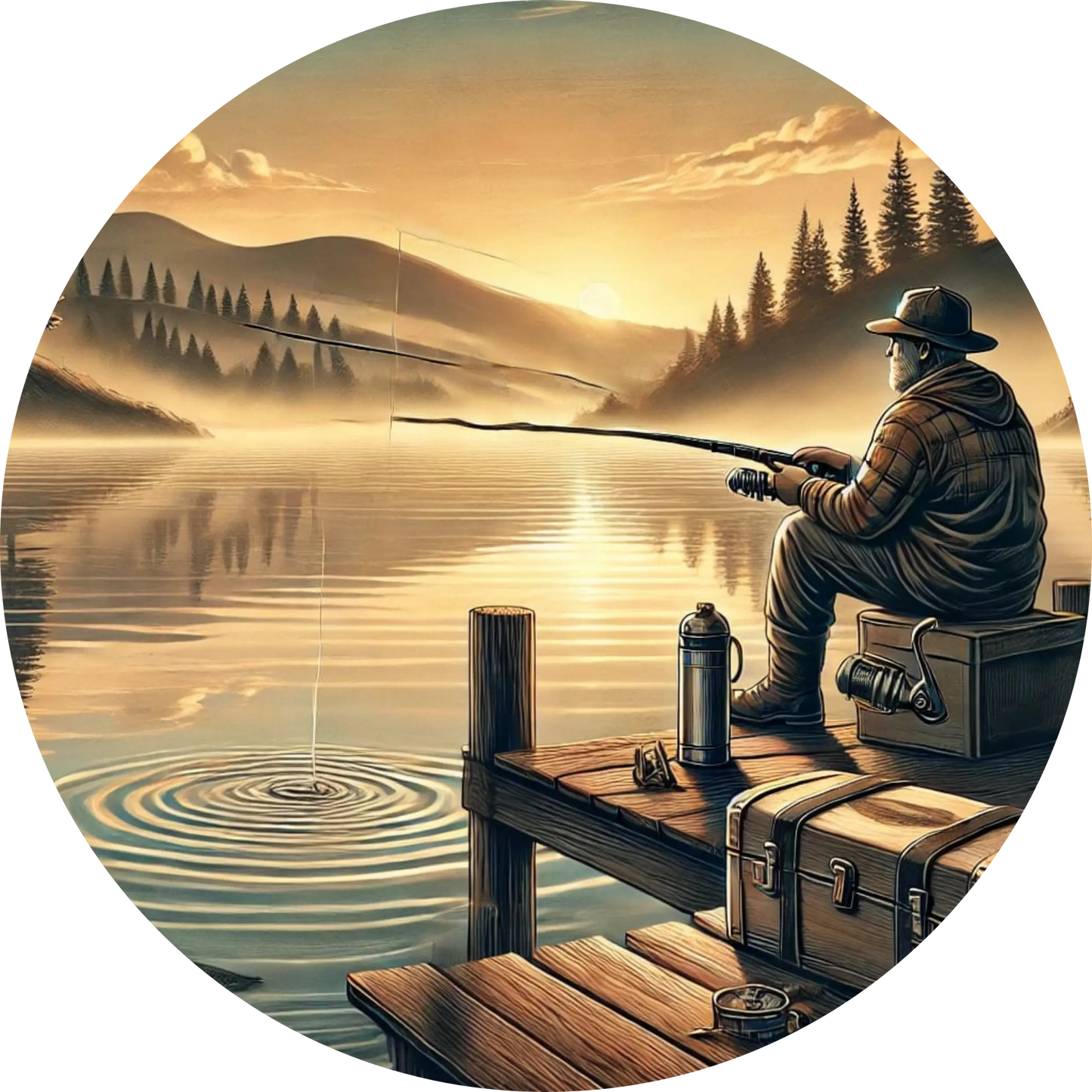 Mann beim Angeln am See im Sonnenuntergang, ruhige Atmosphäre mit Naturkulisse und Holzsteg.