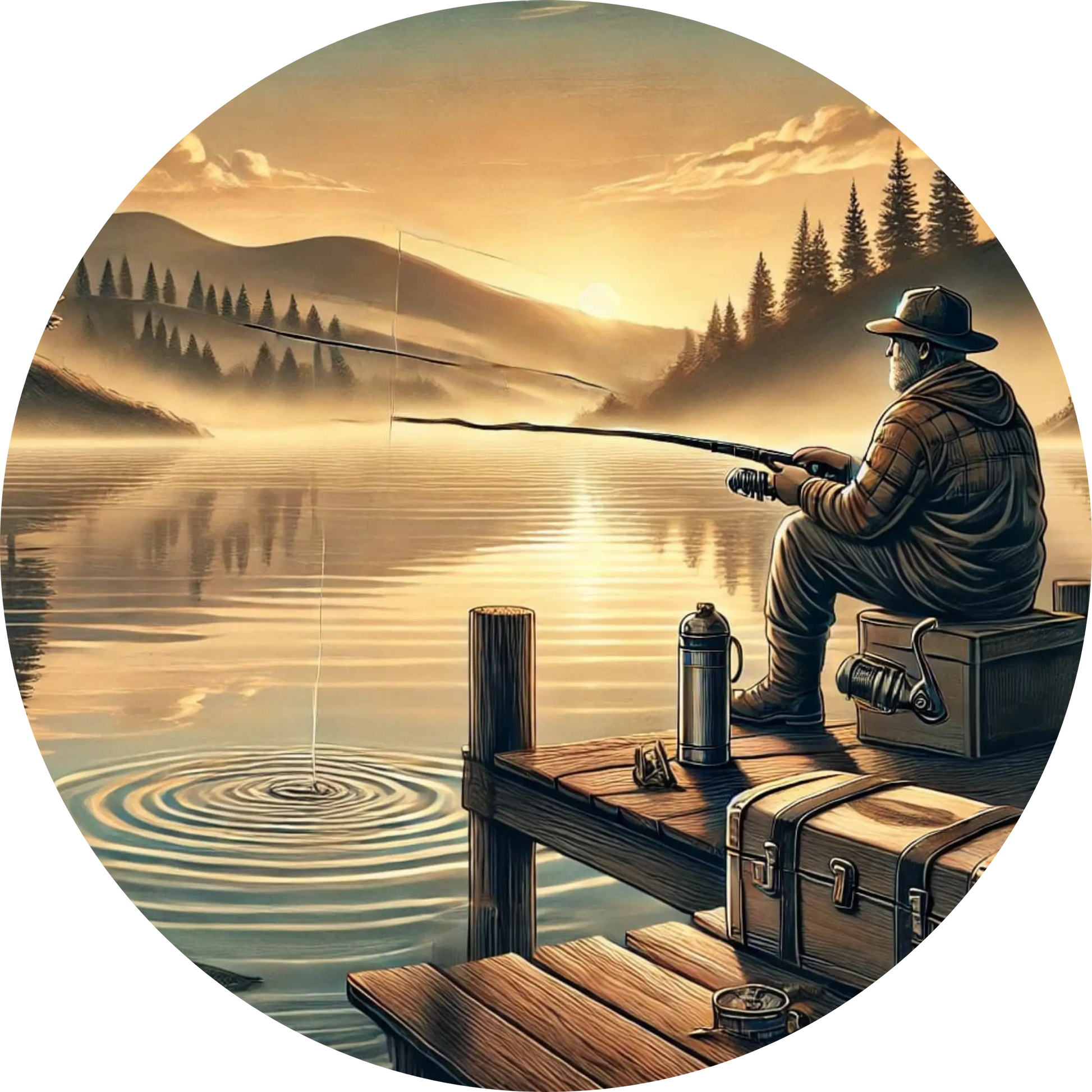 Mann beim Angeln am See im Sonnenuntergang, ruhige Atmosphäre mit Naturkulisse und Holzsteg.