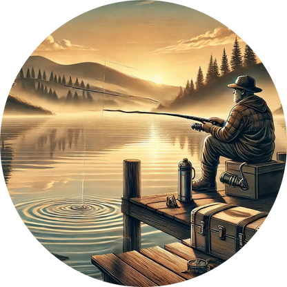 Mann beim Angeln am See im Sonnenuntergang, ruhige Atmosphäre mit Naturkulisse und Holzsteg.