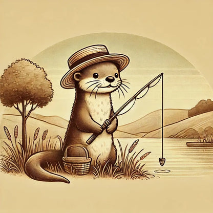 Otter mit Angel und Hut auf einem Steg in Retro-Stil, sanfte Sepiafarben