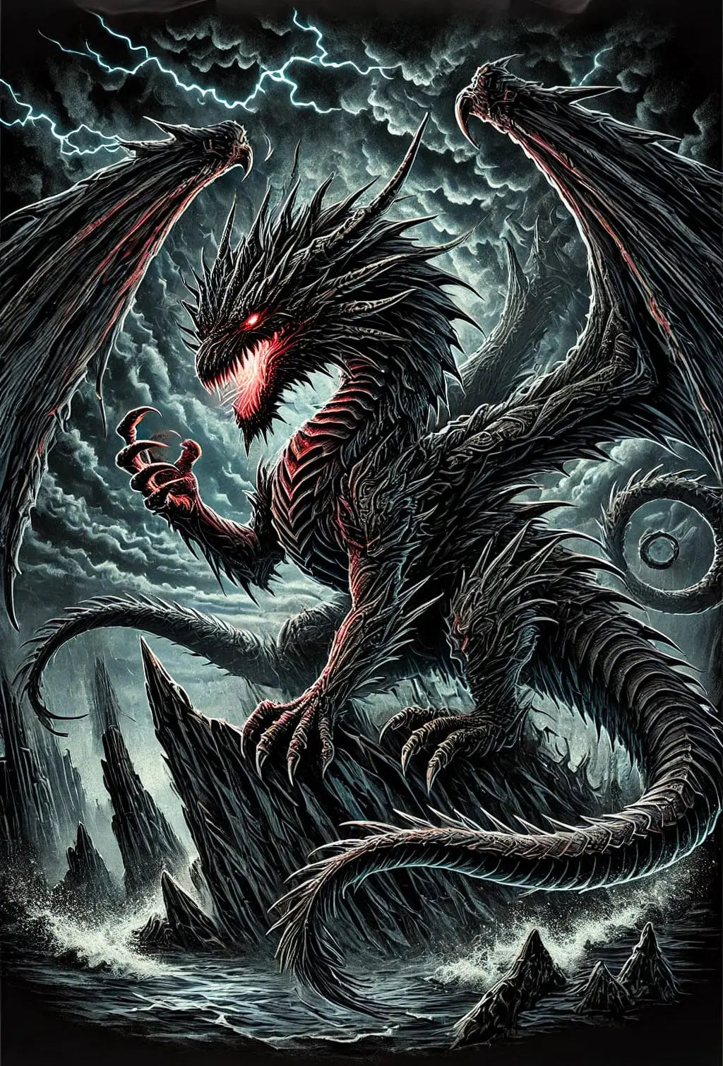 Dunkler Drache auf Felsen, mit roten Augen, eingerollt in einer bedrohlichen Position