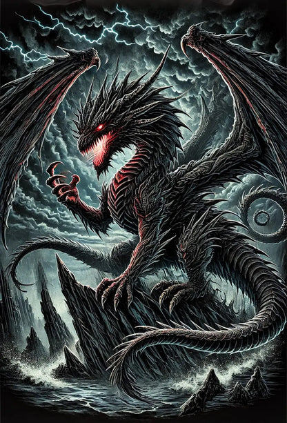 Dunkler Drache auf Felsen, mit roten Augen, eingerollt in einer bedrohlichen Position