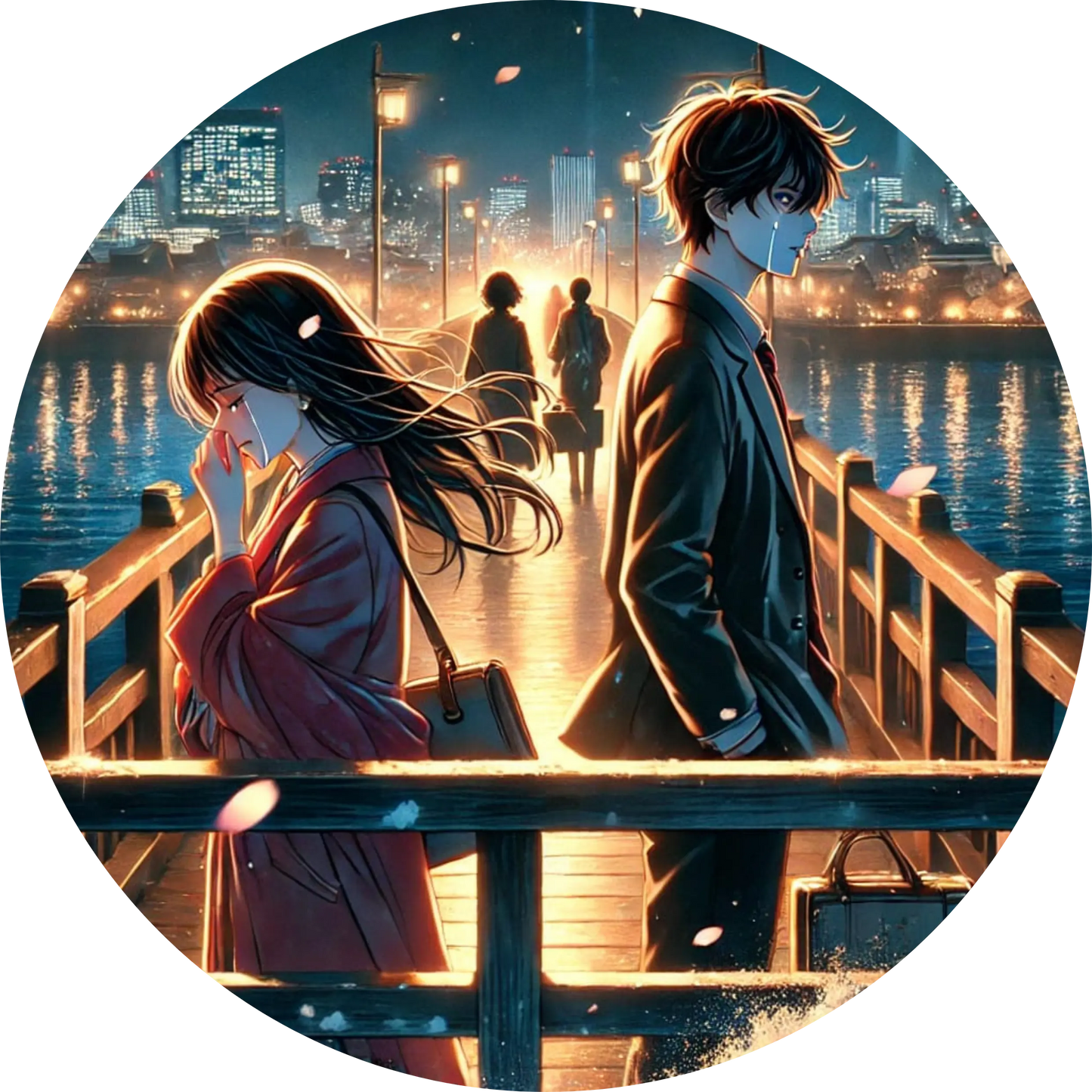 Anime-Paar im Gegenlicht am Wasser mit Stadtlichtern im Hintergrund
