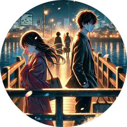 Anime-Paar im Gegenlicht am Wasser mit Stadtlichtern im Hintergrund
