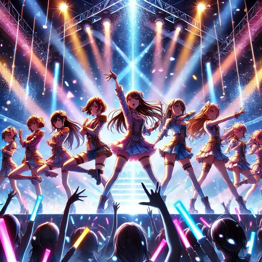 Eine bunte Girlgroup im Manga-Stil performt auf einer leuchtenden Bühne, begleitet von pink-blauen Lichtstrahlen und jubelndem Publikum.