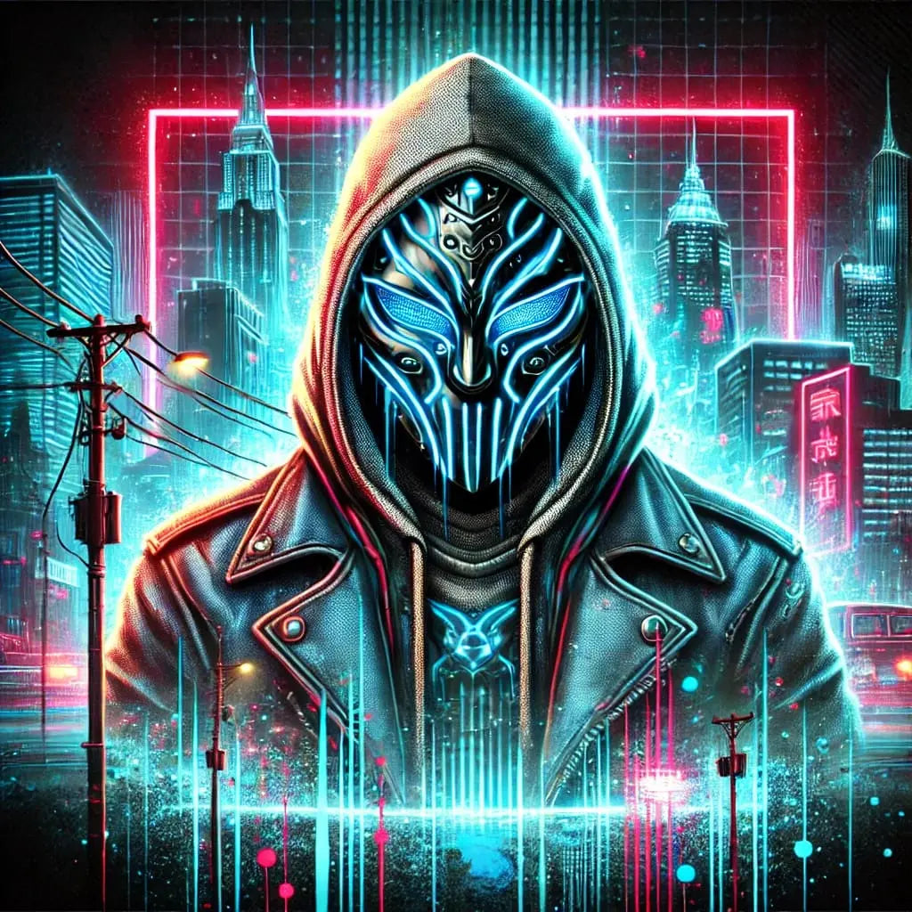 Eine maskierte Figur im Neonlicht sieht aus wie ein futuristischer Hacker.