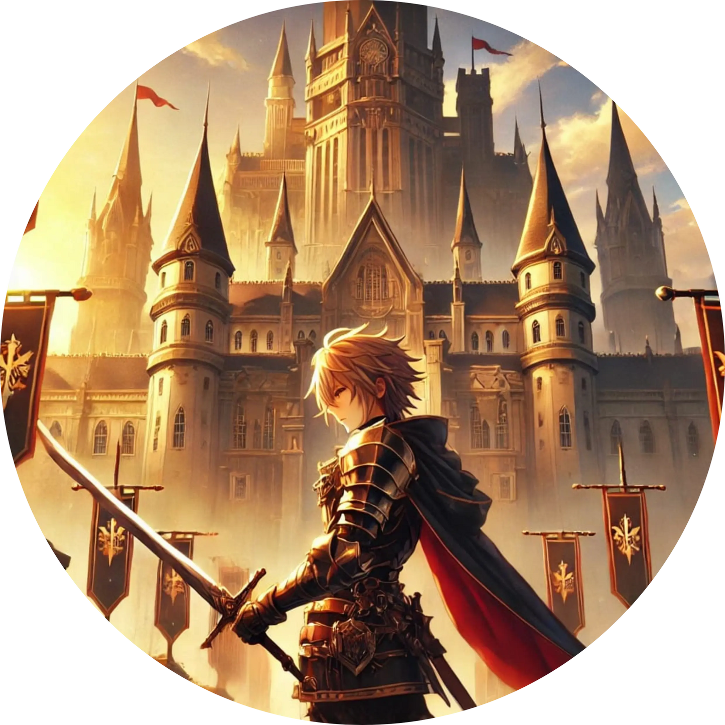 

Anime-Ritter mit Schwert vor imposanter Schlosskulisse im Sonnenuntergang
