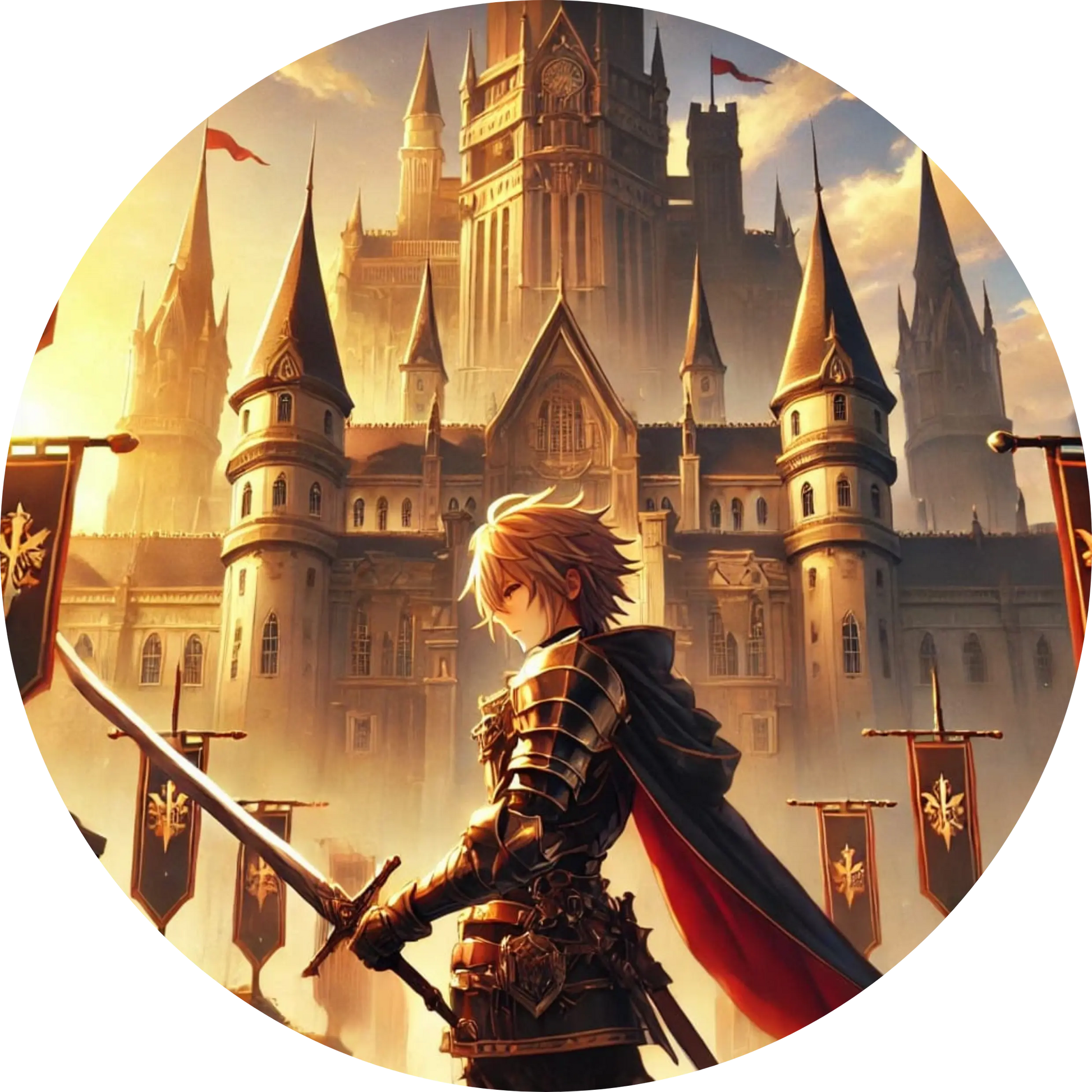 

Anime-Ritter mit Schwert vor imposanter Schlosskulisse im Sonnenuntergang
