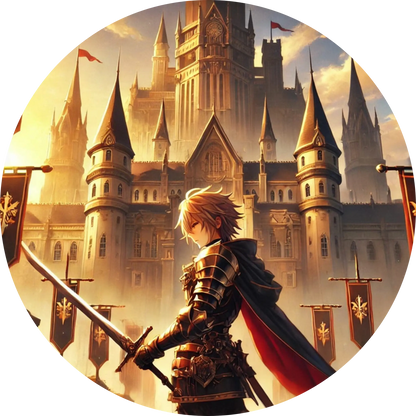 

Anime-Ritter mit Schwert vor imposanter Schlosskulisse im Sonnenuntergang
