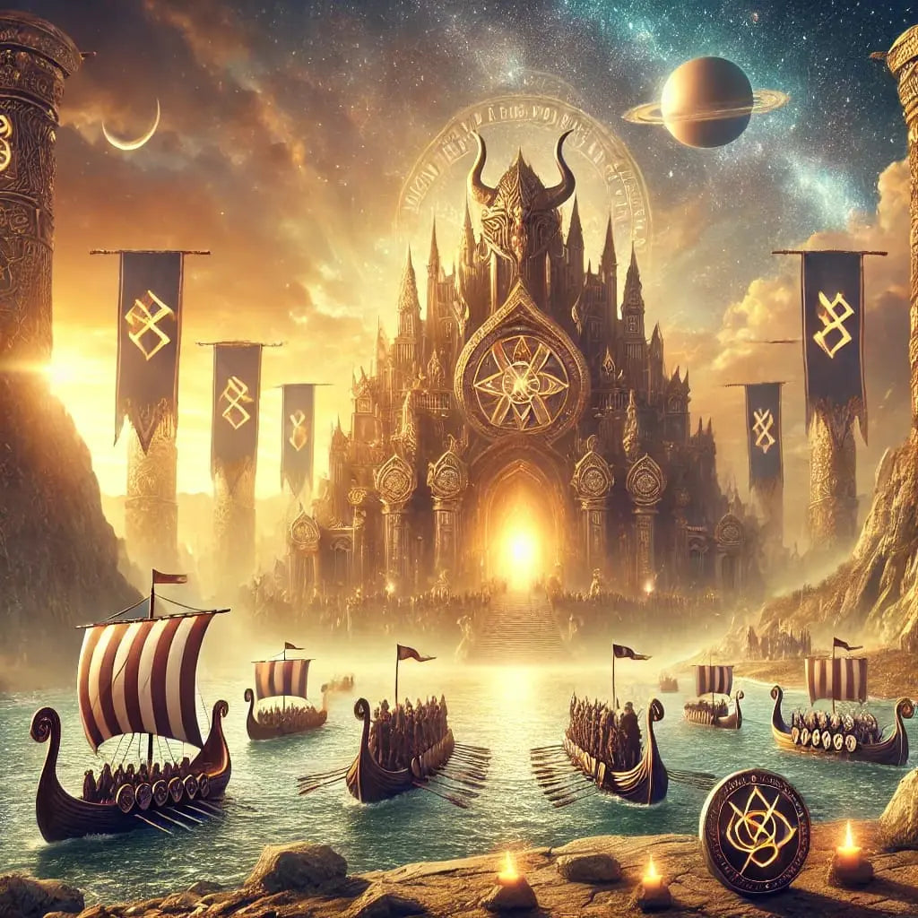 Ankunft in Valhalla – prachtvolle Halle der Gefallenen in der nordischen Mythologie. Wikingerkrieger erreichen mit ihren Drachenbooten das sagenhafte Reich, empfangen von goldglänzenden Türmen, Runenbannern und einer magischen Himmelskulisse. Ein episches Sinnbild für Ehre, Mut und das Leben nach dem Tod.